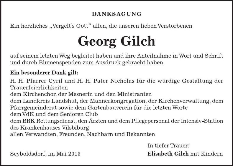 Traueranzeige Georg Gilch