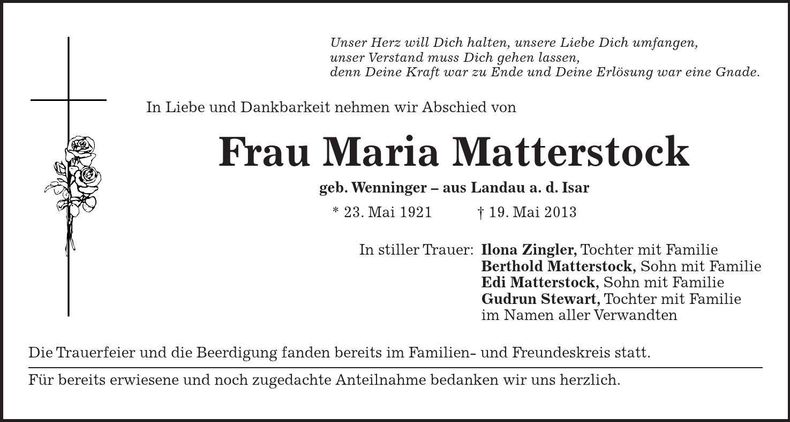 Traueranzeige Maria Matterstock