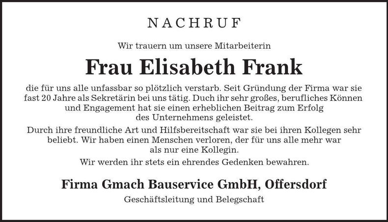 Traueranzeige Elisabeth Frank