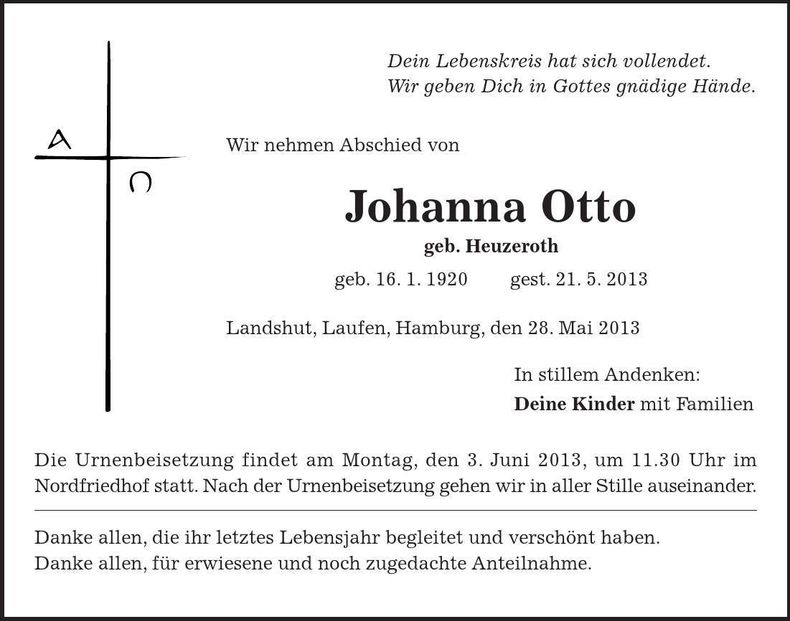 Traueranzeige Johanna Otto