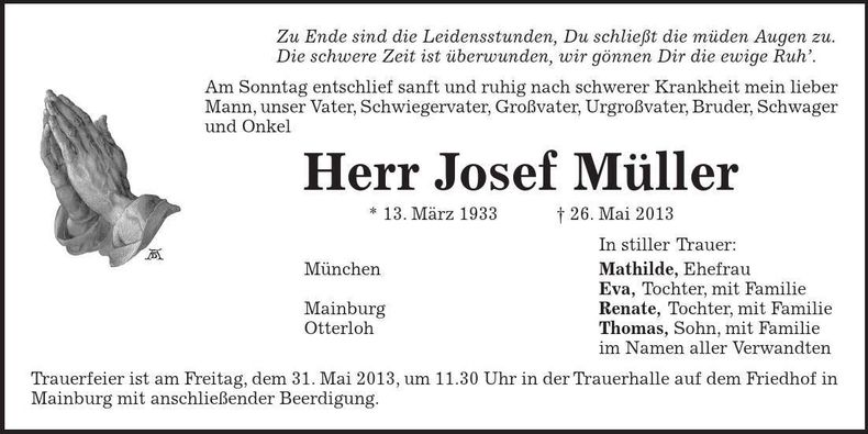 Traueranzeige Josef Müller