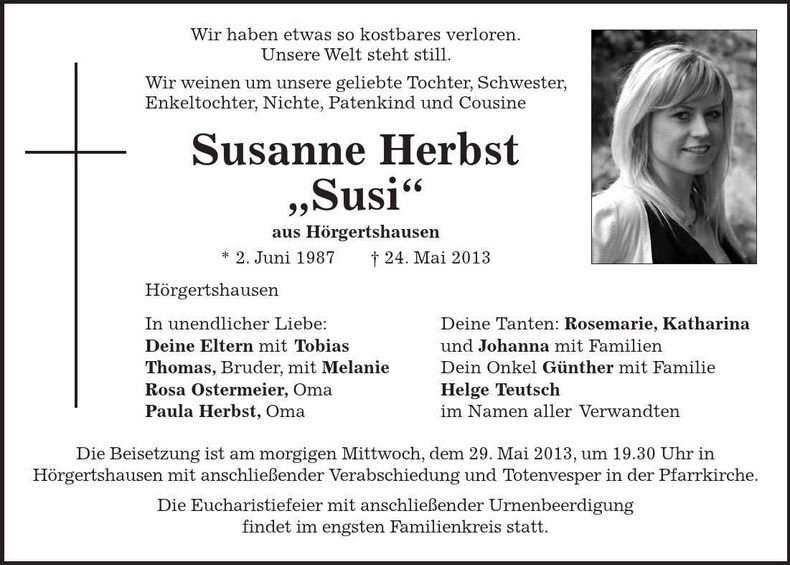 Traueranzeige Susanne Herbst