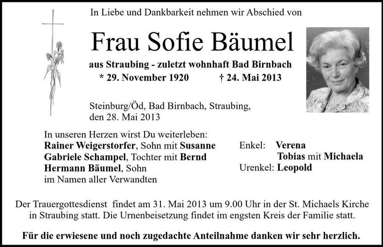 Traueranzeige Sofie Bäumel