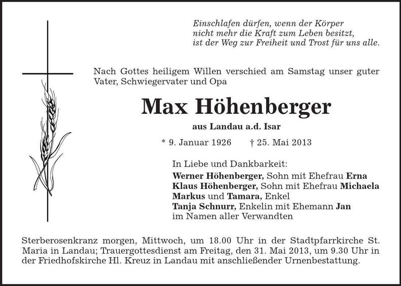 Traueranzeige Max Höhenberger