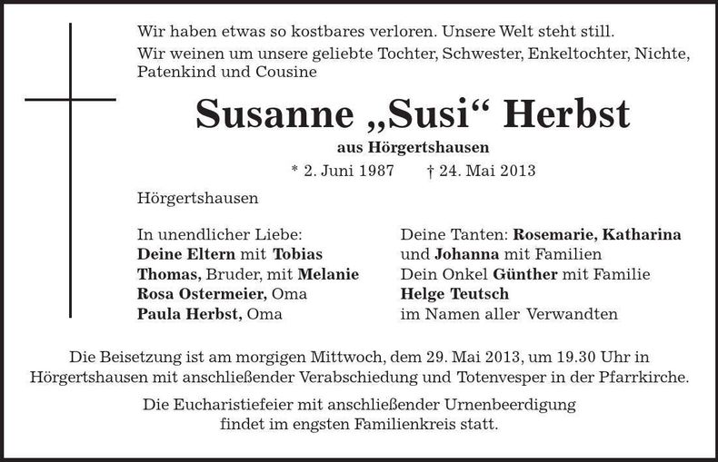 Traueranzeige Susanne Herbst