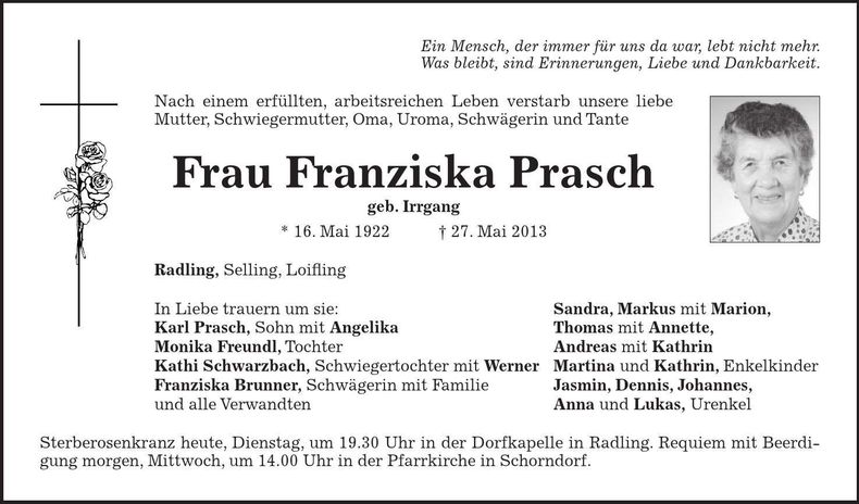 Traueranzeige Franziska Prasch