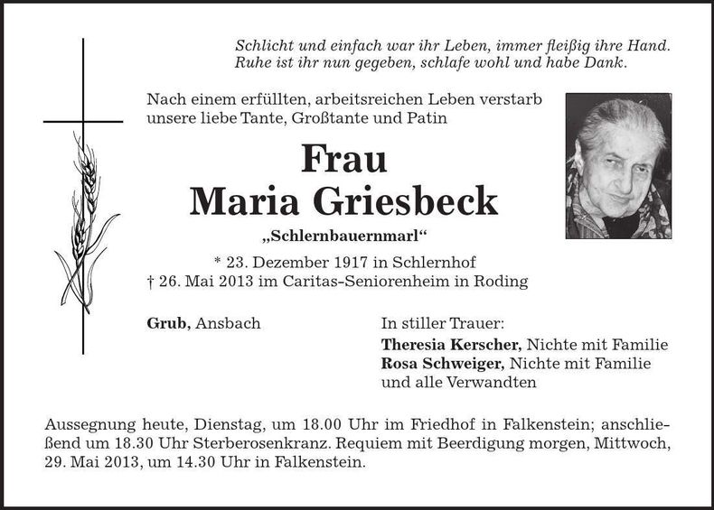Traueranzeige Maria Griesbeck