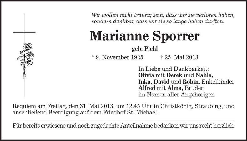 Traueranzeige Marianne Sporrer