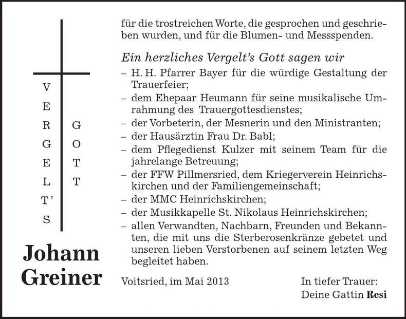 Traueranzeige Johann Greiner