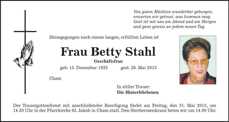 Traueranzeige Betty Stahl