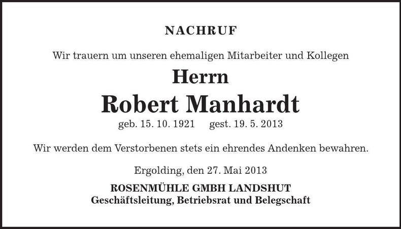 Traueranzeige Robert Manhardt