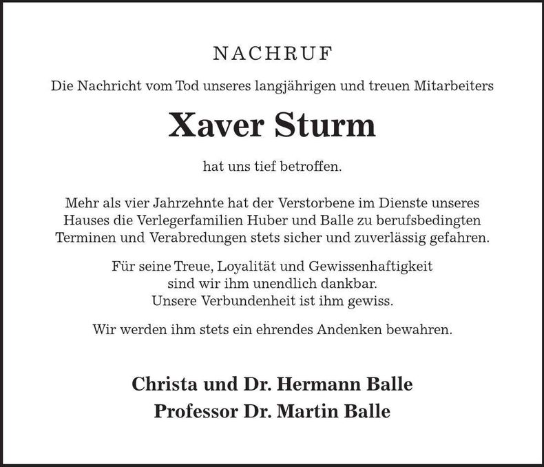 Traueranzeige Xaver Sturm
