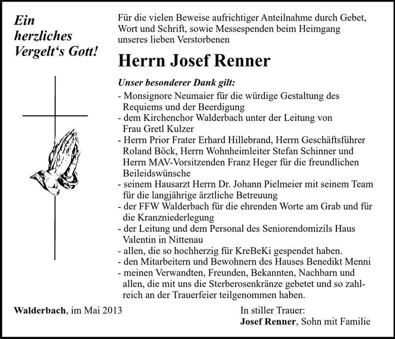 Traueranzeige Josef Renner