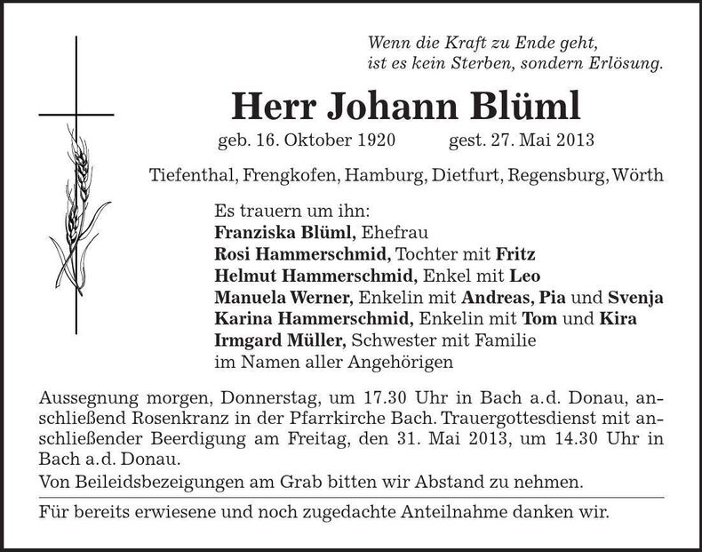 Traueranzeige Johann Blüml