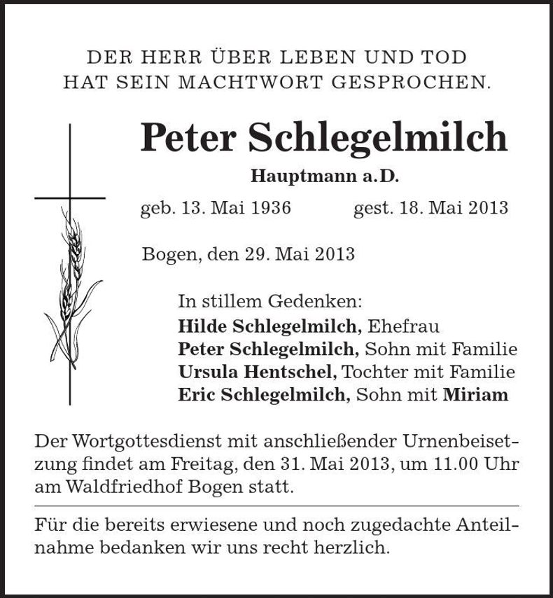 Traueranzeige Peter Schlegelmilch