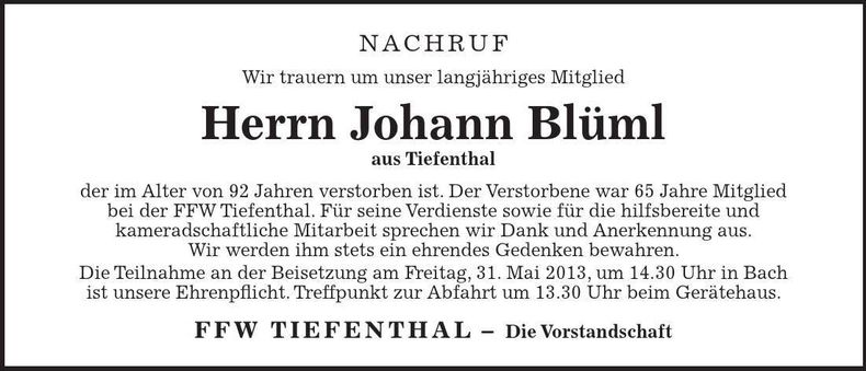 Traueranzeige Johann Blüml