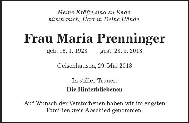 Traueranzeige Maria Prenninger