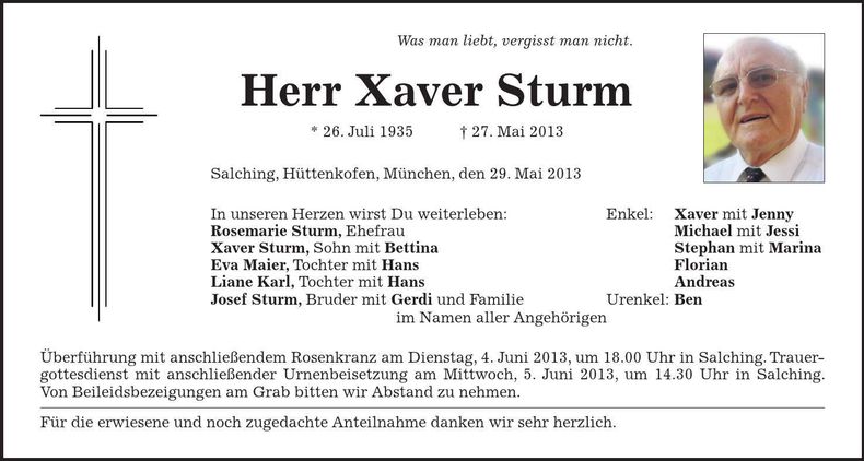 Traueranzeige Xaver Sturm
