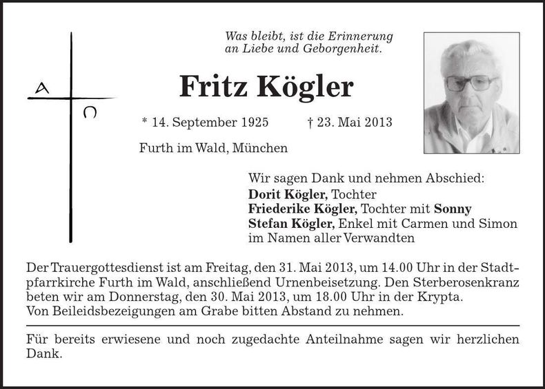 Traueranzeige Fritz Kögler