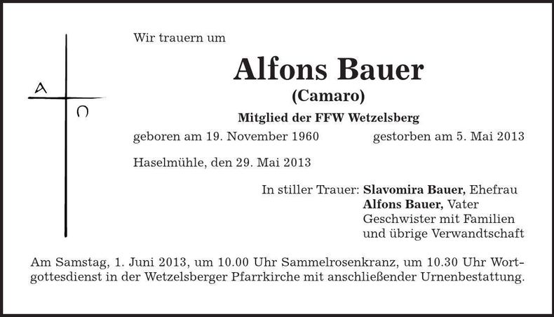 Traueranzeige Alfons Bauer