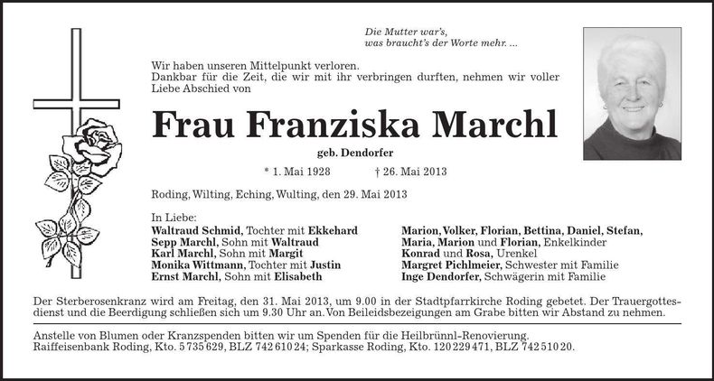 Traueranzeige Franziska Marchl