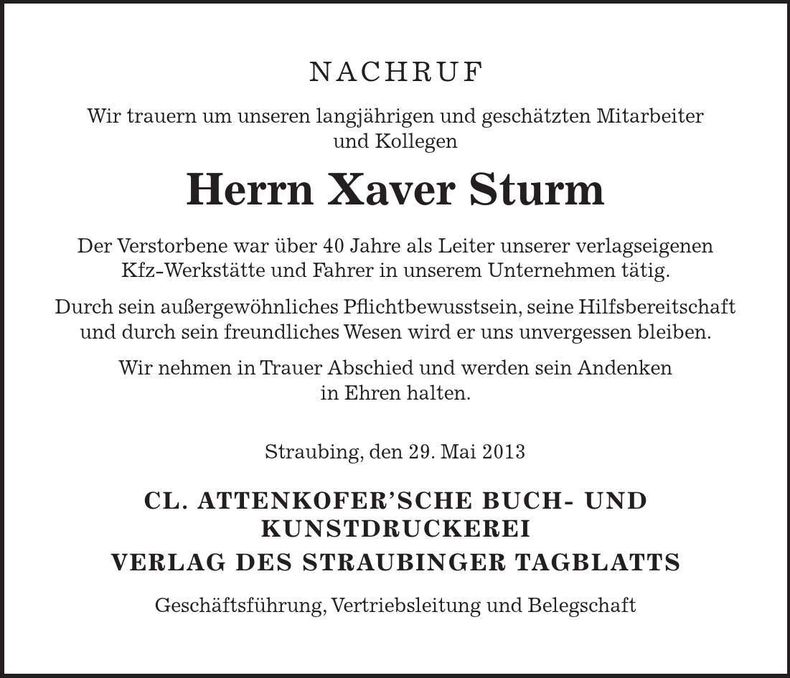 Traueranzeige Xaver Sturm