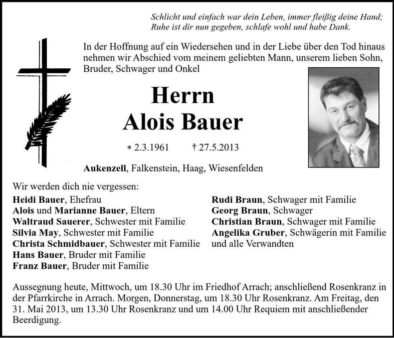 Traueranzeige Alois Bauer