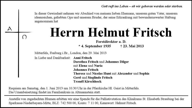 Traueranzeige Helmut Fritsch