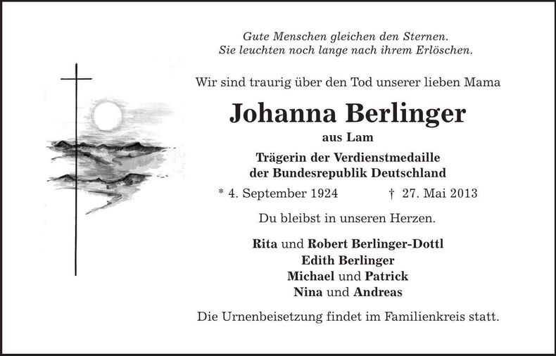 Traueranzeige Johanna Berlinger