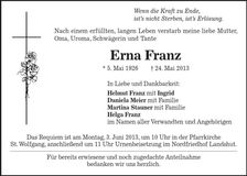 Traueranzeige Erna Franz