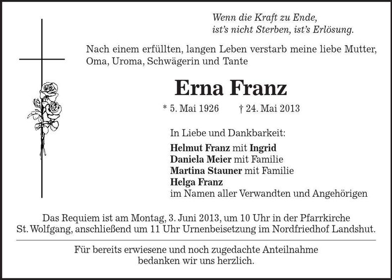 Traueranzeige Erna Franz