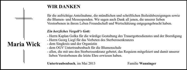 Traueranzeige Maria Wick