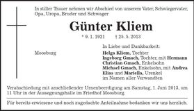 Traueranzeige Günter Kliem