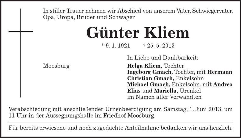 Traueranzeige Günter Kliem