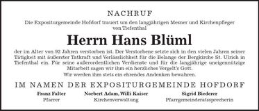 Traueranzeige Johann Blüml