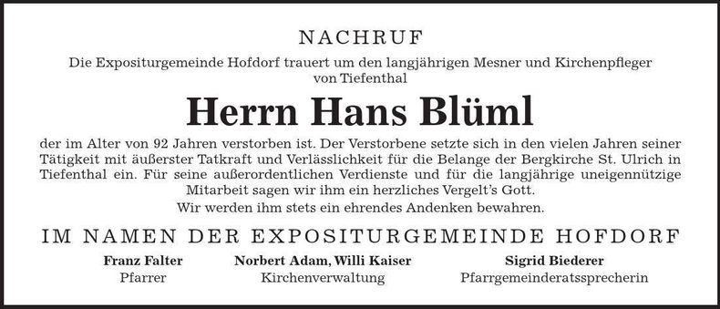 Traueranzeige Johann Blüml