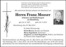 Traueranzeige Franz Mooser