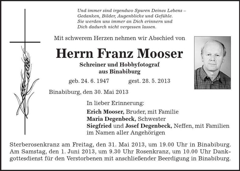 Traueranzeige Franz Mooser