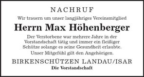 Traueranzeige Max Höhenberger