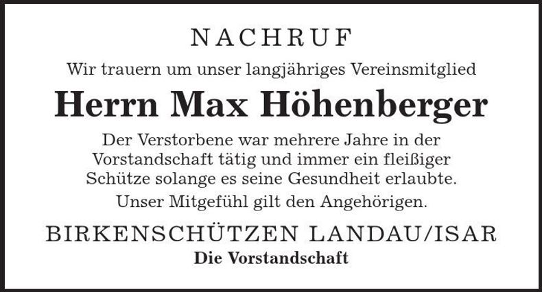 Traueranzeige Max Höhenberger