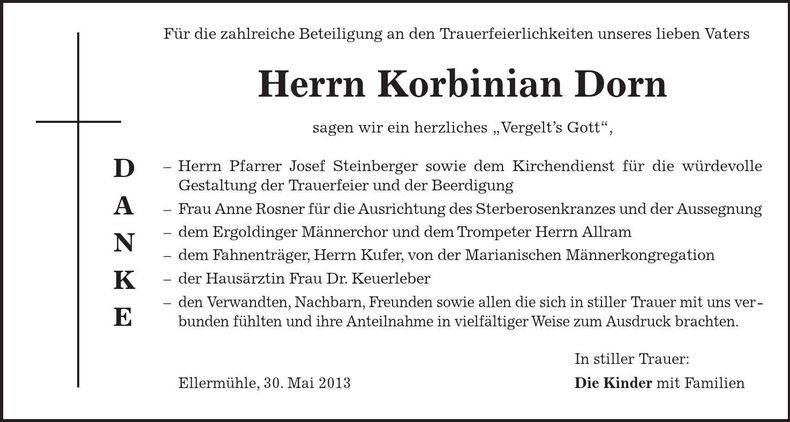 Traueranzeige Korbinian Dorn