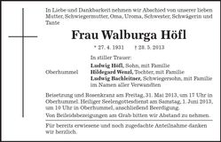 Traueranzeige Walburga Höfl