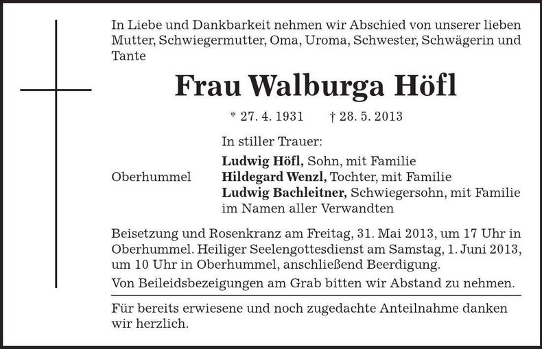 Traueranzeige Walburga Höfl