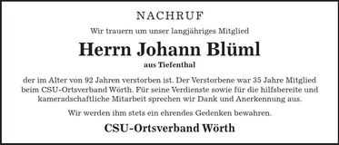 Traueranzeige Johann Blüml