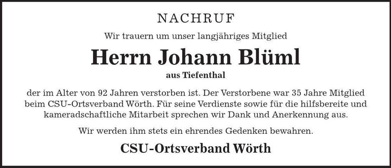 Traueranzeige Johann Blüml