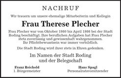 Traueranzeige Therese Plecher