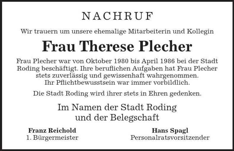 Traueranzeige Therese Plecher