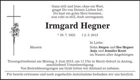 Traueranzeige Irmgard Hegner