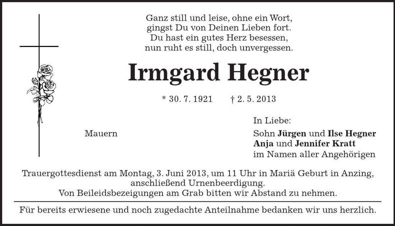 Traueranzeige Irmgard Hegner