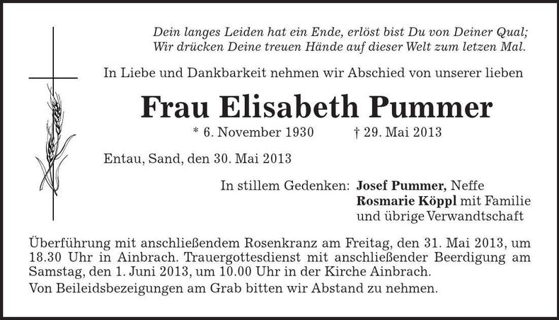 Traueranzeige Elisabeth Pummer